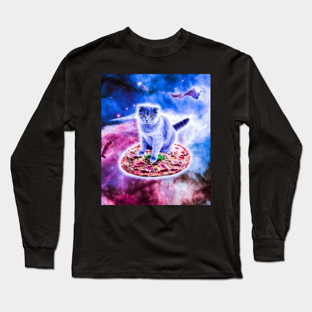 Galaxy Kitty Cat Riding Pizza In Space Long Sleeve T-Shirt by Random Galaxy